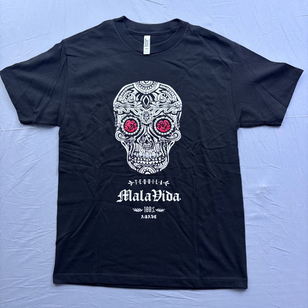 American Apparel Tequila Mala Vida Sugar Skull T-Shirt Mens Medium Black